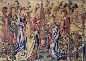 Bathseba ontvangt twee boodschappers van David bij de fontein, ca.1510-15 door Flemish School